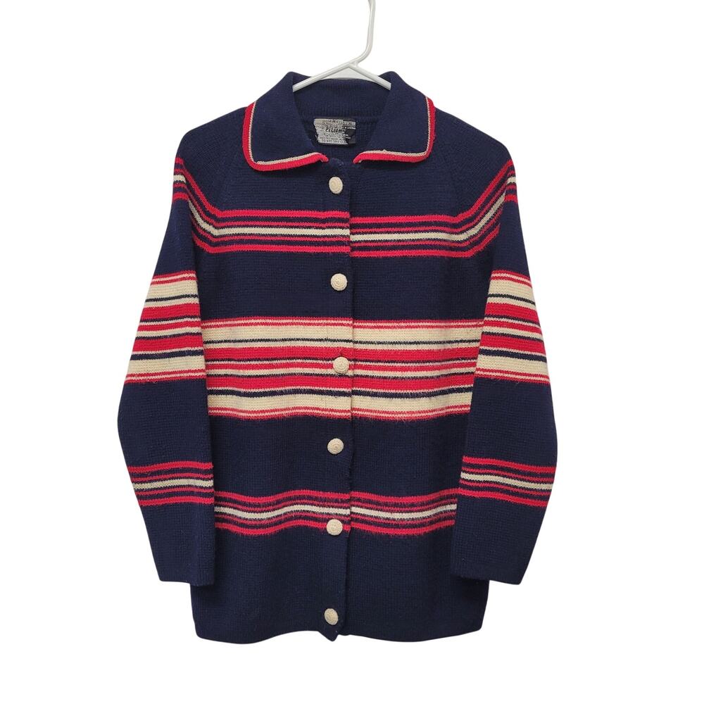 Vintage Eileen Navy Red Stripe Cardigan Sweater Acrylic Grandpa Core Preppy